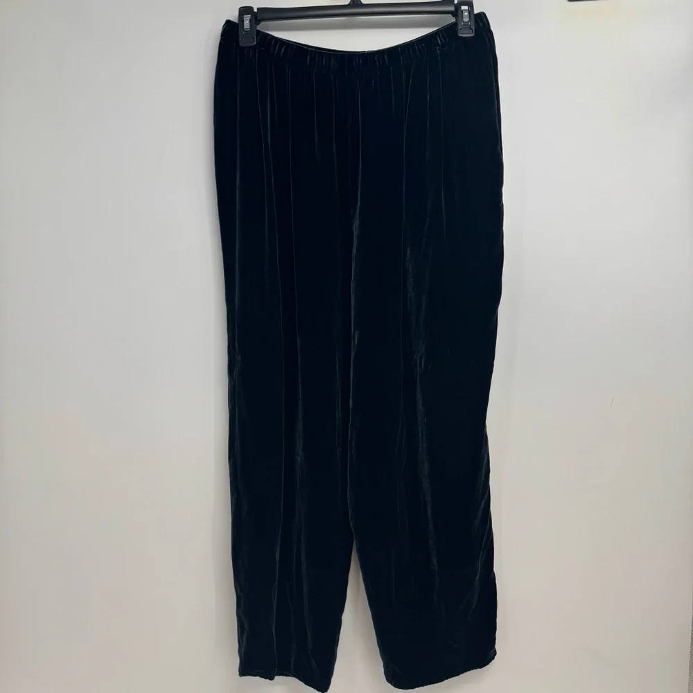 Eileen Fisher Size L Pants High Waist Elastic Waist Green Velvet Silk Blend
